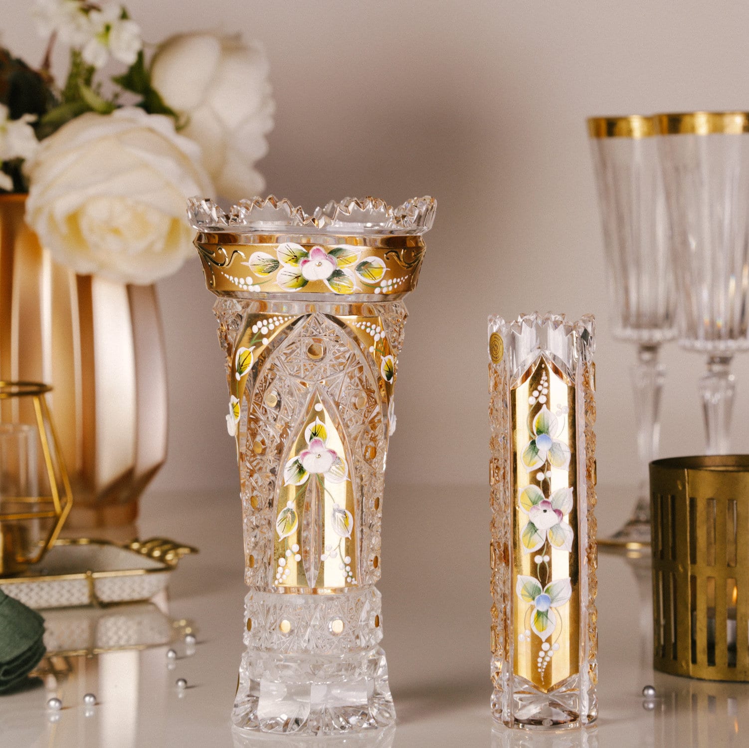 Bohemia ボヘミアガラス パネル花瓶 金彩 レリーフ フラワーベース