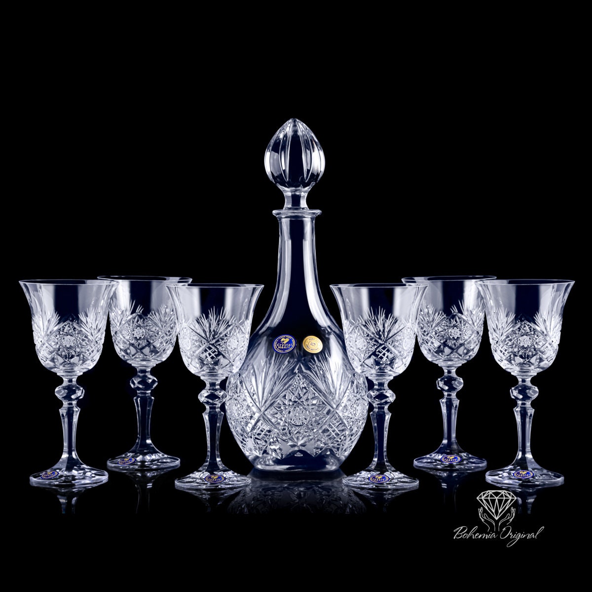 Ensemble exclusif de vins rouges en cristal de Bohême 6+1