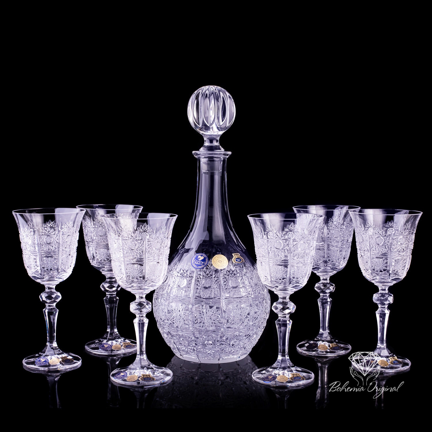 Bohemian crystal glass set of a hand-cut carafe (750 ml) and two glasses  (310 ml) by Moser