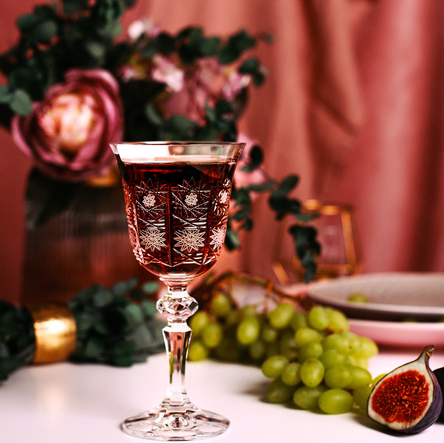 Set Of Six Massive Red Wine Lead Crystal Glasses Modern Design - Bohemia  Crystal - Original crystal from Czech Republic.