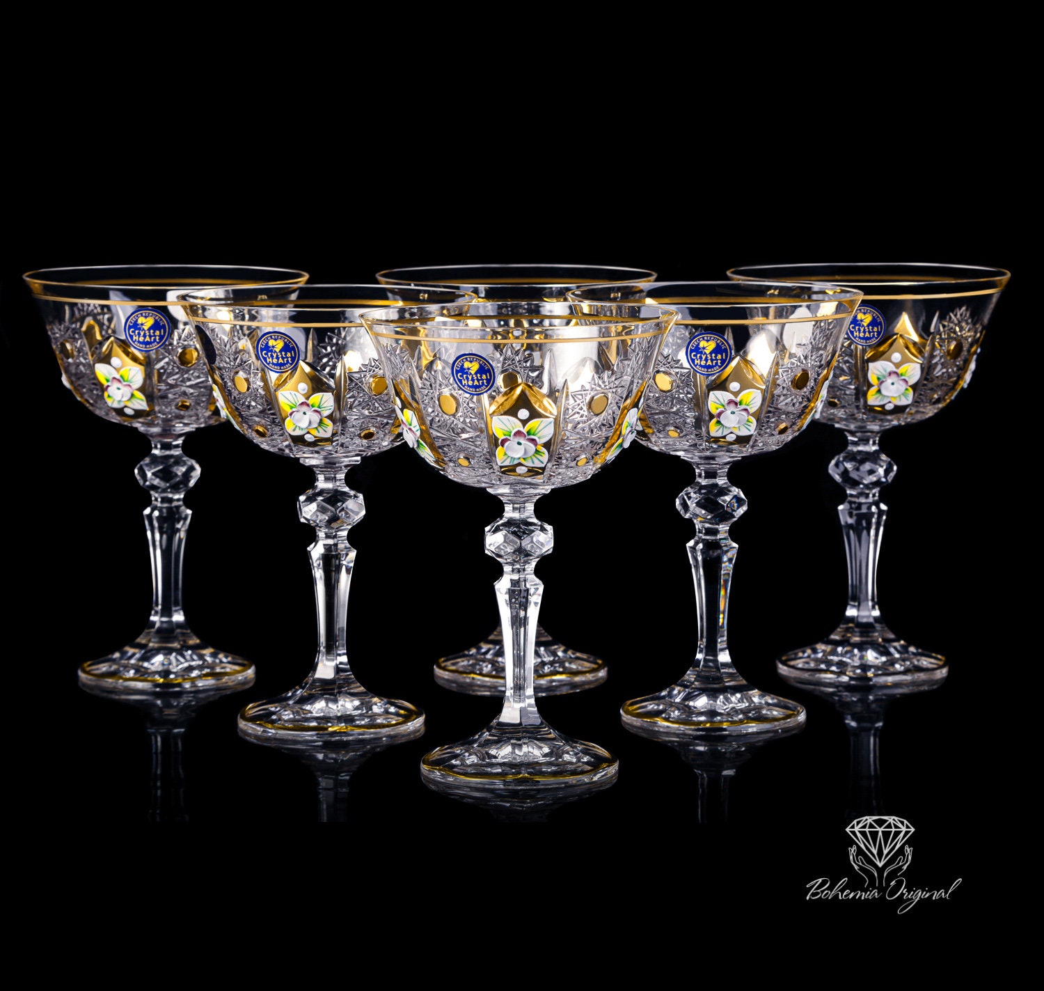 Champagne Crystal Glasses Enamel Gold Design 150ml - Bohemia Crystal -  Original crystal from Czech Republic.