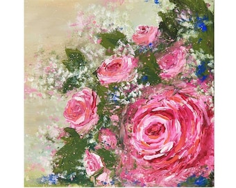 Pink Roses Painting Original Canvas Art Roses Bouquet Artwork Still Life Flowers Impasto Acrylic Painting 12 by 12 by Julia Datta