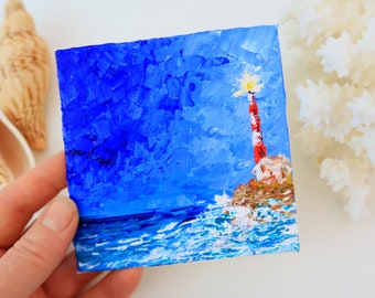 Leuchtturm Gemälde Original Kunstwerk Kleines Gemälde von Canvas Impasto Mini Art Above Bed Art by 4 by 4 in by Julia Datta