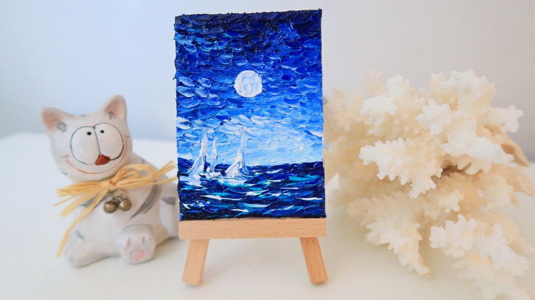 Moonlight Original Oil Art ACEO Impasto Seascape Small Painting Mini ...