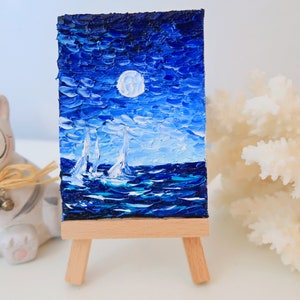 Moonlight Original Oil Art ACEO Impasto Seascape Small Painting Mini Art Laguna Beach Painting ACEO Card  by 2.5 by 3.5 in by Julia Datta