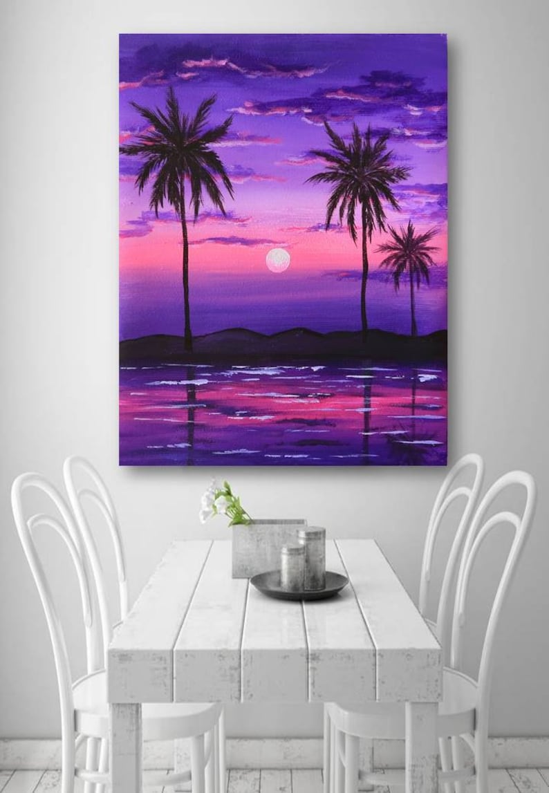 Hawaii Painting Seascape Original Art Palm Trees National Park Sunset Acrylic Painting Ocean Art by Julia Datta