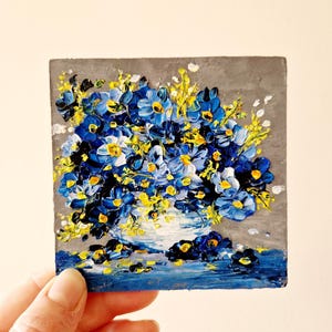 Forget me not Painting Bee Floral Original Art Flower Small Painting Impasto 4" by Julia Datta
