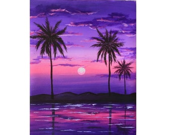 キャンバスに描かれた夕日のアクリル画、ヤシの木、オリジナルアート