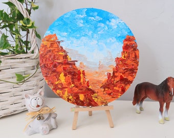 Arizona Painting Mountain Round Original Art Southwest Landscape Impasto Oil Painting Small Artwork Above Bed Art 8 " by Julia Datta