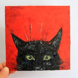 Black Cat Painting Original Art Animal Wall Art Pet Portrait Small Oil Impasto Painting Gifts Pet Portrait 6 by 6 « par Julia Datta