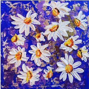 Margarita Pintura Floral Arte Original Flor Pequeña Pintura Acrílica Impasto Pintura 5 por 5" por Julia Datta