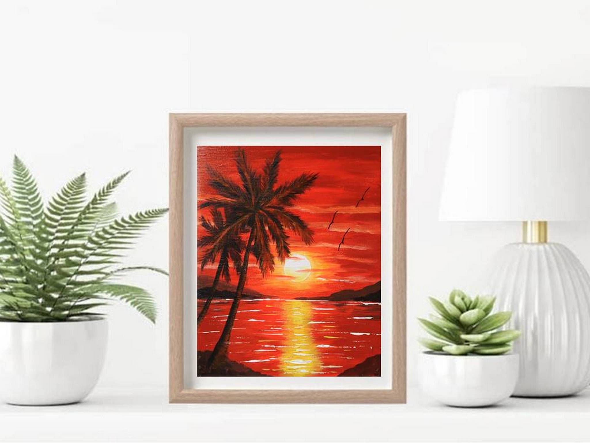 Sunset Acrylic Painting on Canvas Original Artwork Palm Tree Art Ocean ...