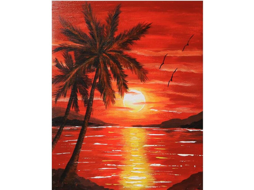 Sunset Acrylic Painting on Canvas Original Artwork Palm Tree Art Ocean ...