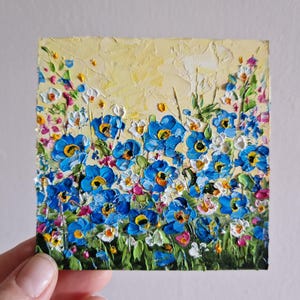 Forget me not Painting Floral Original Art Flower Small Painting Impasto 4x4" by Julia Datta