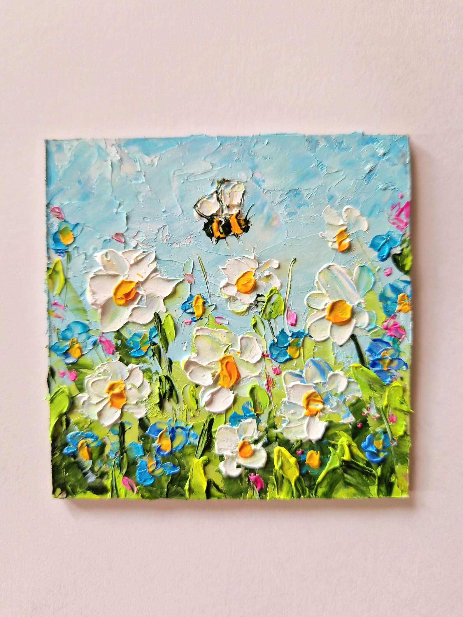 Daisy Paintin Bee Painting Floral Original Art Flower Small Painting ...