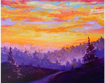 Mountain Painting Original Artwork Pine Tree Canvas Art Modern Landscape Acrilyc Painting Small Art Impasto Painting by Julia Datta