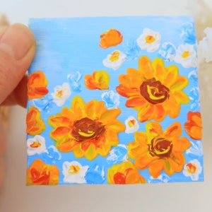 Sunflower Painting Floral Original Art Small Painting Impasto Above Bed Art 3 by 3&quot; by Julia Datta