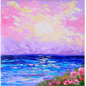 Sunset Original Painting on Canvas Hawaii Beach Art Hawaiian Seascape Oahu Wall Art Tropical Impasto Oil Painting by 8&quot; by 8&quot; by Julia Datta