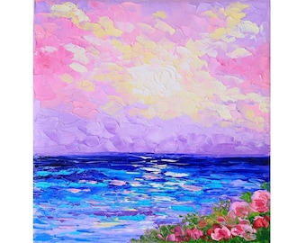 夕日のオリジナルキャンバス絵画 ハワイのビーチアート ハワイの海景 オアフ島のウォールアート トロピカルなインパスト油絵 8インチ×8インチ ジュリア・ダッタ作