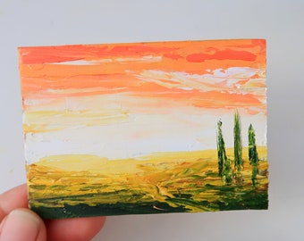 トスカーナの絵画 ACEO インパスト ラベンダー アート イタリアの風景 オリジナル ウォール アート インパスト 油絵 2.5 x 3.5 インチ ジュリア ダッタ作