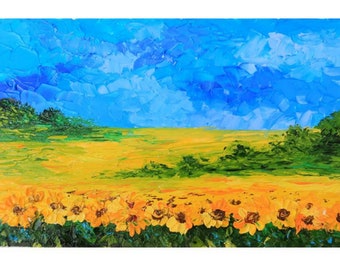 Digital file Ukrainian artist Ukrainian landscape Yellow and blue Sunflowers Painting Digital download JPG file Instant download