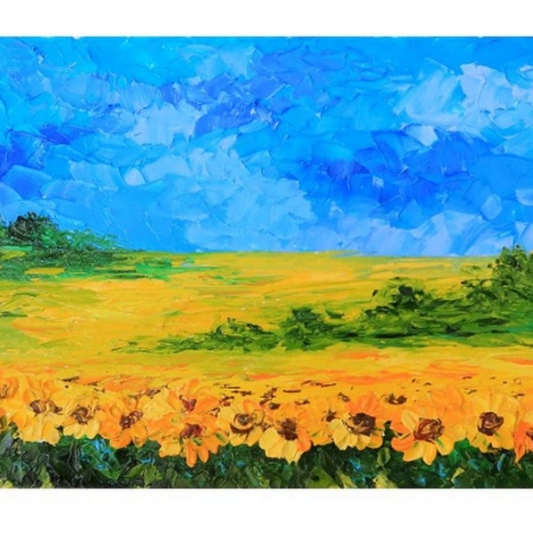 Digital file Ukrainian artist Ukrainian landscape Yellow and blue Sunflowers Painting Digital download JPG file Instant download