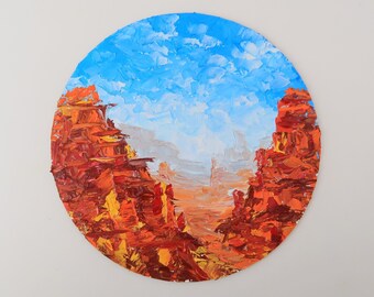 Arizona Painting Mountain Round Original Art Southwest Landscape Impasto Oil Painting Small Artwork Above Bed Art 8 " by Julia Datta