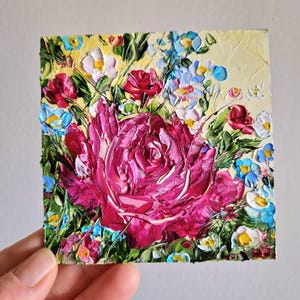 Pintura de rosa rosada Arte floral original Flor Pequeña pintura Impasto 4x4" de Julia Datta