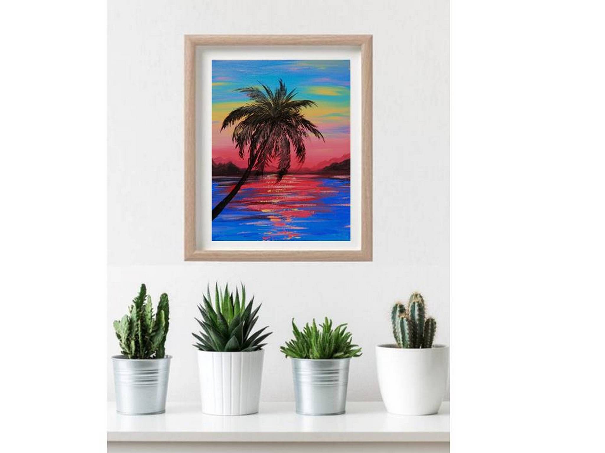 Sunset Acrylic Painting on Canvas Palm Tree Original Art Ocean Artwork ...