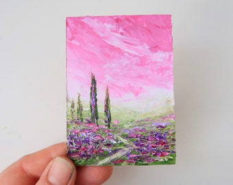 トスカーナの絵画 ACEO インパスト ラベンダー アート イタリアの風景 オリジナル ウォール アート インパスト 油絵 2.5 x 3.5 インチ ジュリア ダッタ作