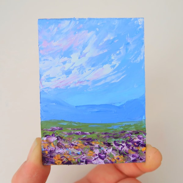 Tuscany Painting ACEO Impasto Lavender Art Italy Landscape Original Wall Art Impasto Oil Painting 2.5 by 3.5 in by Julia Datta