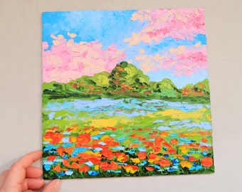 California Poppy Painting Floral Original Art Landscape Oil Painting Impasto Small Artwork Above Bed Art 8 by 8" by Julia Datta