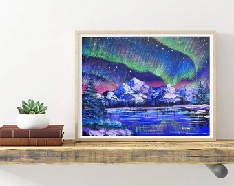 オーロラ オリジナルアートワーク 雄大な山々 湖 空 アート風景
