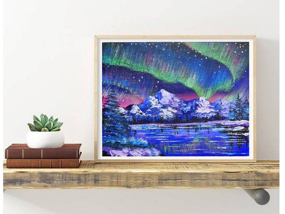 Northern Lights Aurora Original Artwork Majestic Mountains Lake Northern Lights Aurora Original Artwork Majestic Mountains Lake