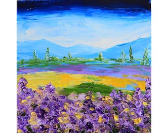 トスカーナの絵画 ラベンダーアート イタリアの風景 オリジナルウォールアート インパスト油絵 6 x 6 インチ ジュリア・ダッタ作