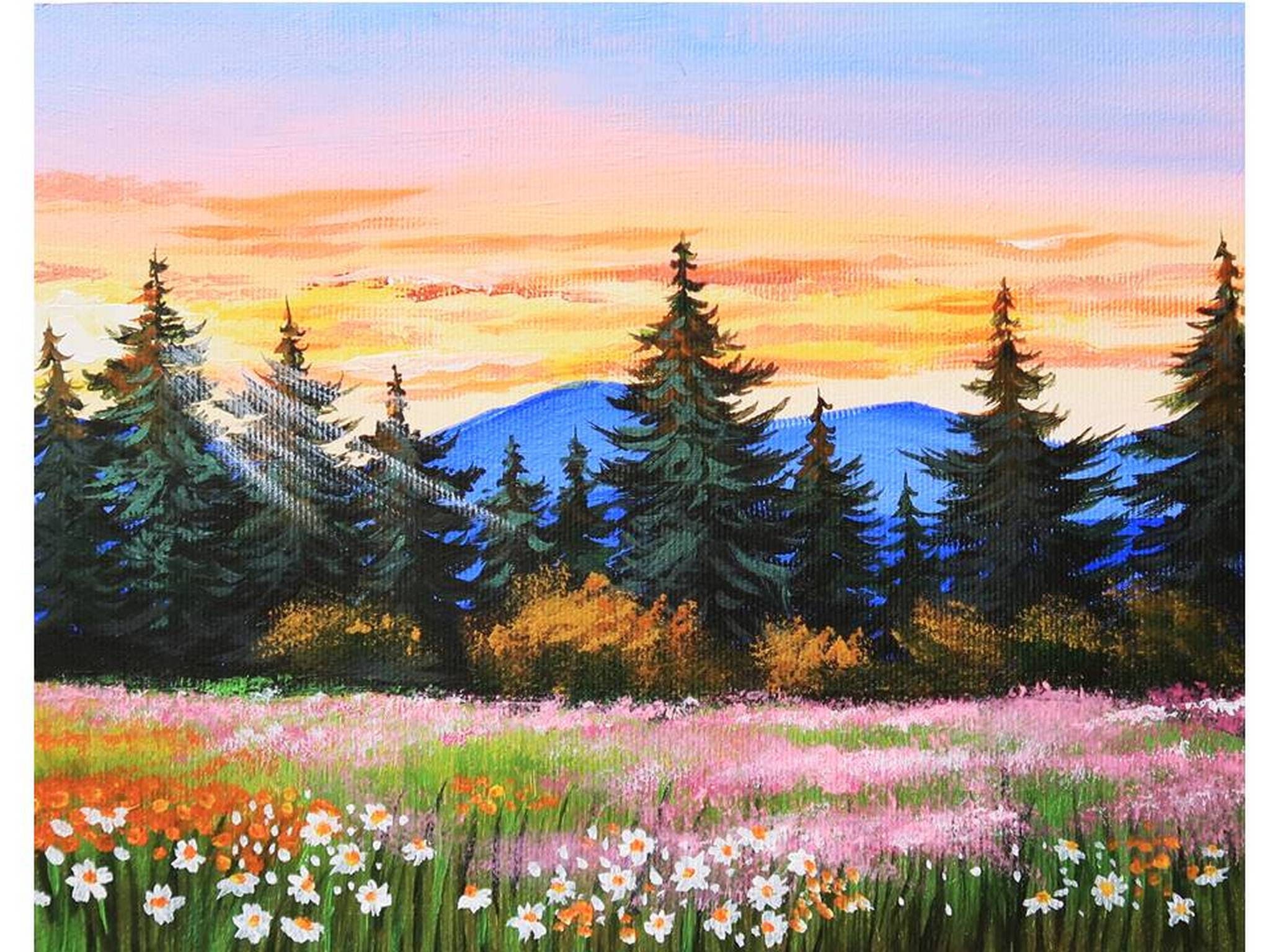 Sunset Acrylic Painting on Canvas, Original Art Forest Art, Sunset