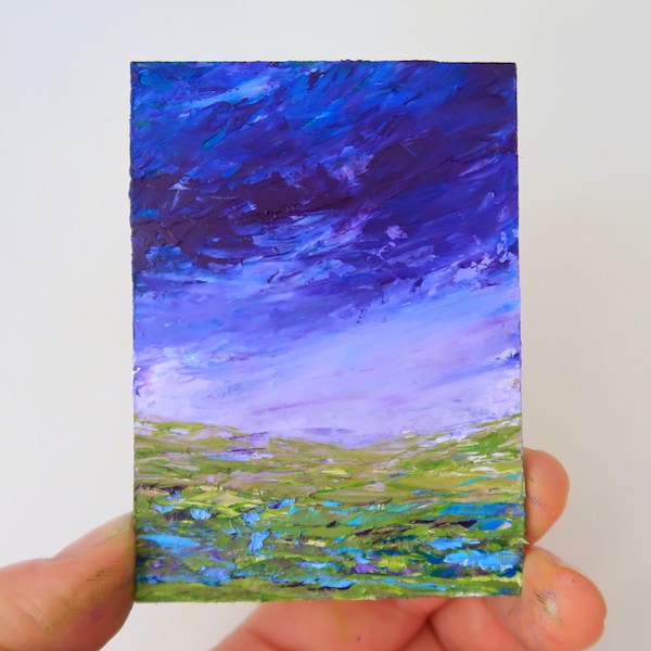 Tuscany Painting ACEO Impasto Lavender Art Italy Landscape Original Wall Art Impasto Oil Painting 2.5 by 3.5 in by Julia Datta