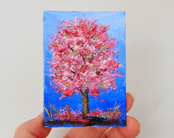 Trees Painting Original Canvas Artwork Impasto Painting New England Landscape ACEO Art 3.5 by 2.5 in Small Painting Mini Art by Julia Datta