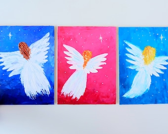 天使の絵画、守護天使のアート、キャンバスに描いた厚塗りの油絵、天使