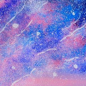 May include: Abstract painting with a pink, blue, and white color scheme. The painting has a textured look with white speckles throughout.