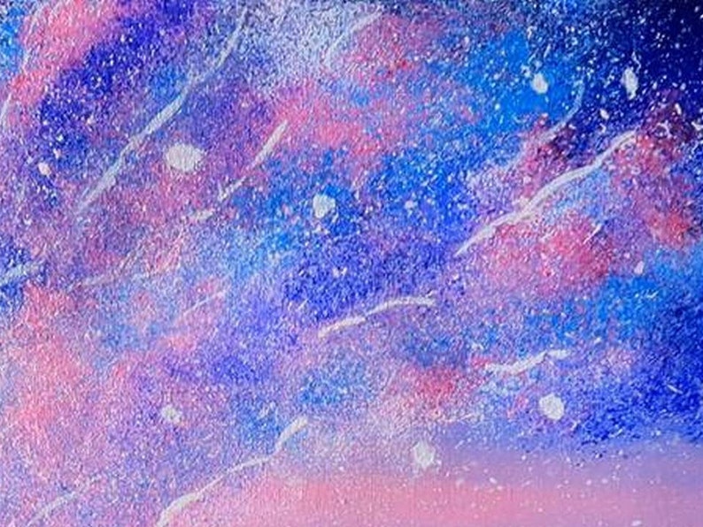 May include: Abstract painting with a pink, blue, and white color scheme. The painting has a textured look with white speckles throughout.