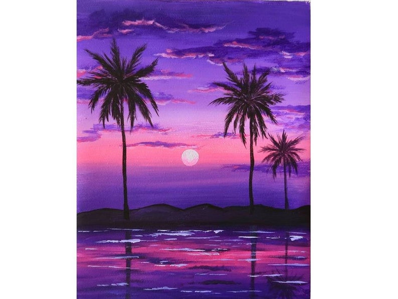 Hawaii Painting Seascape Original Art Palm Trees National Park Sunset Acrylic Painting Ocean Art by Julia Datta