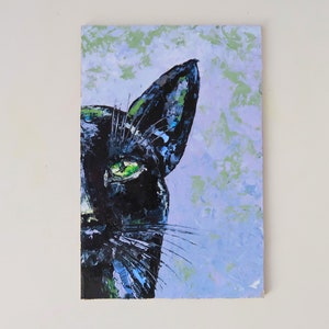 Chat noir Peinture Art Original Animal Mural Art Pet Portrait Petite huile Empâtment Peinture Cadeaux Pet Portrait 6 par 4 » par Julia Datta