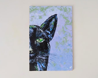 Black Cat Painting Original Art Animal Wall Art Pet Portrait Small Oil Impasto Painting Gifts Pet Portrait 6 by 4" by Julia Datta