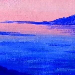 May include: Abstract painting of a pink and blue landscape with a mountain range in the background. The sky is a soft pink, and the water is a deep blue. The painting is done in a loose, impressionistic style.