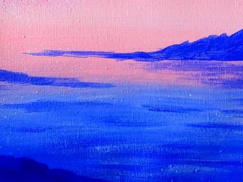 May include: Abstract painting of a pink and blue landscape with a mountain range in the background. The sky is a soft pink, and the water is a deep blue. The painting is done in a loose, impressionistic style.