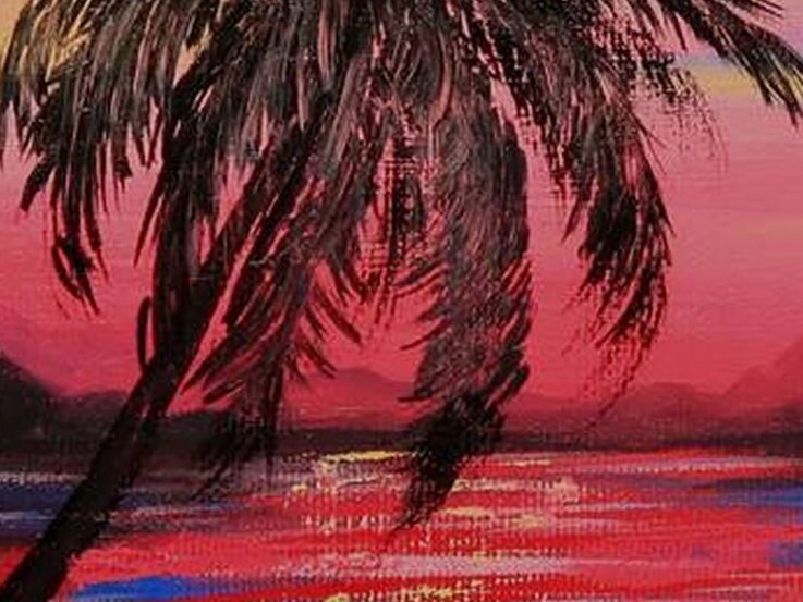 キャンバスに描かれた夕日のアクリル画、ヤシの木、オリジナルアート
