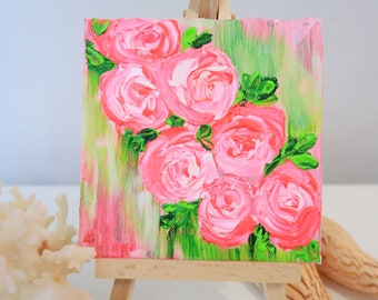 Pink Rose Small Painting Floral Original Art Painting Impasto Above Bed Art  Acrylic Painting Wall Art 4 by 4" by Julia Datta