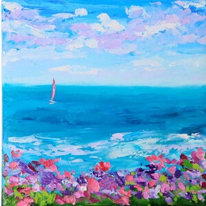 Monterey Painting Beach Original Art on Canvas Lovers Point Seascape Oil Painting Small Original Artwork 8 by 8&quot; Above Bed Art Julia Datta