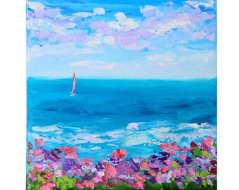 Monterey Painting Beach Original Art on Canvas Lovers Point Seascape Oil Painting Small Original Artwork 8 by 8" Above Bed Art Julia Datta